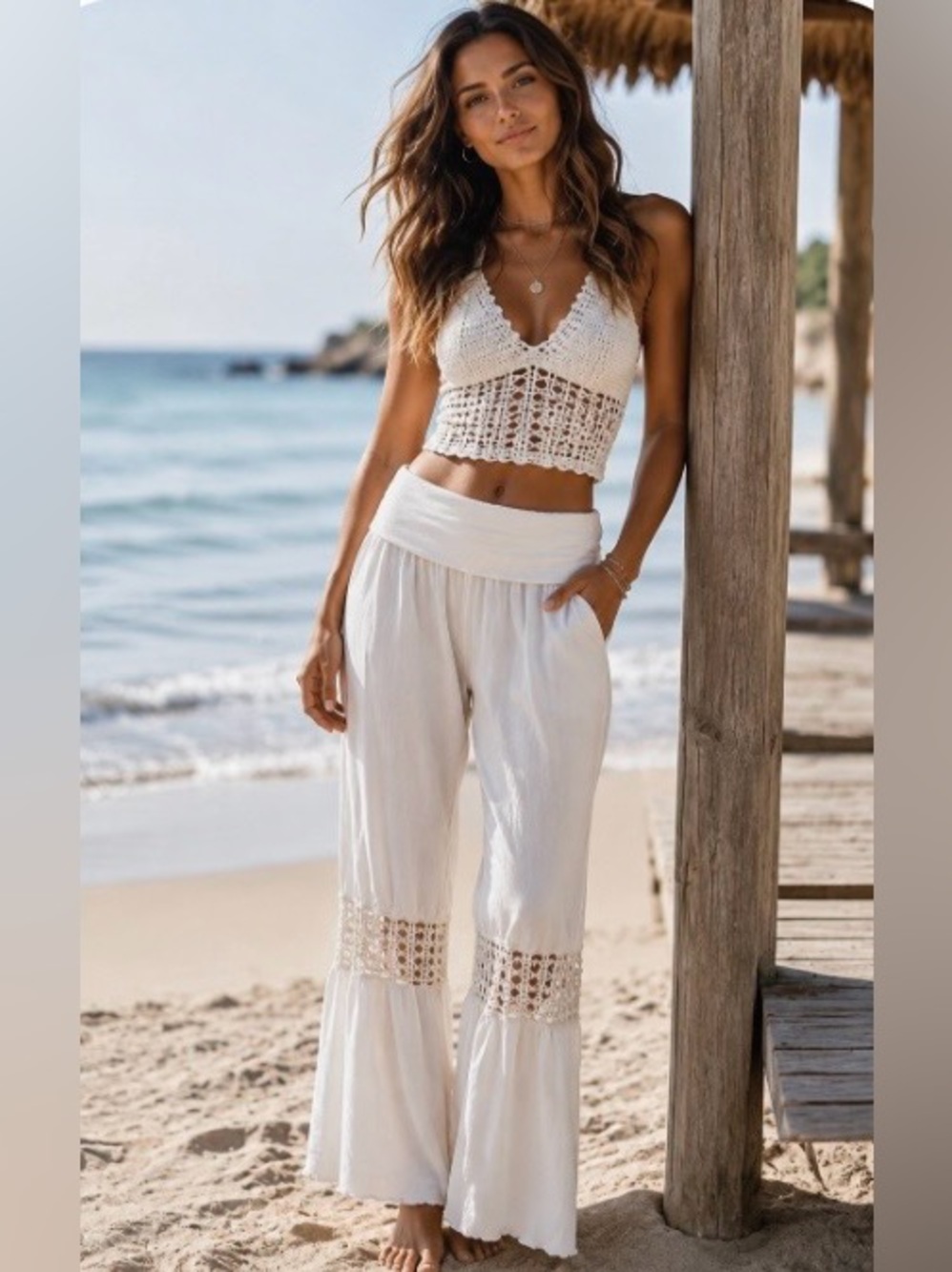 Boho Elan White Crochet-Trim Wide Leg Pants